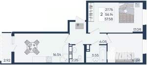 2-к квартира, вторичка, 58м2, 16/18 этаж