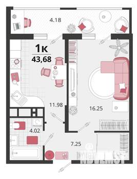 1-к квартира, вторичка, 44м2, 16/18 этаж