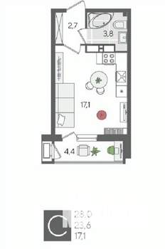 Студия квартира, вторичка, 28м2, 13/24 этаж