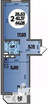 2-к квартира, строящийся дом, 44м2, 2/8 этаж