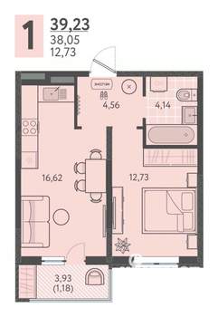 1-к квартира, вторичка, 39м2, 7/18 этаж