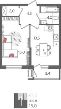 1-к квартира, вторичка, 42м2, 2/24 этаж