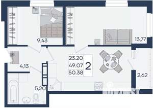 2-к квартира, вторичка, 50м2, 9/18 этаж