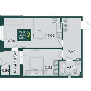 2-к квартира, вторичка, 51м2, 3/18 этаж