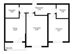 2-к квартира, вторичка, 56м2, 9/9 этаж