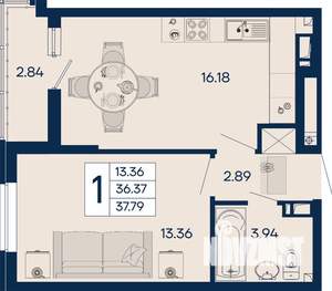 1-к квартира, вторичка, 38м2, 3/18 этаж