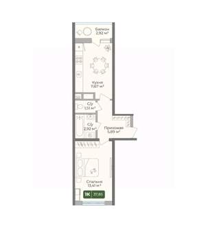 1-к квартира, вторичка, 38м2, 9/10 этаж