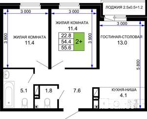 2-к квартира, строящийся дом, 56м2, 10/16 этаж