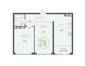 2-к квартира, вторичка, 65м2, 23/24 этаж