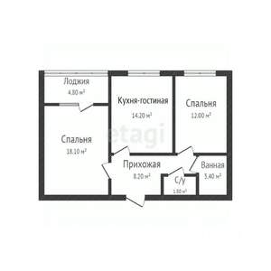 2-к квартира, вторичка, 58м2, 1/3 этаж