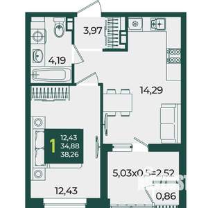 1-к квартира, вторичка, 38м2, 4/18 этаж