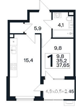1-к квартира, вторичка, 38м2, 1/4 этаж