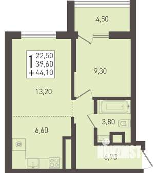 1-к квартира, строящийся дом, 44м2, 8/8 этаж