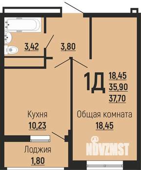 1-к квартира, строящийся дом, 36м2, 23/24 этаж