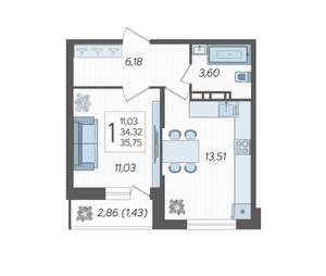 1-к квартира, строящийся дом, 36м2, 9/12 этаж