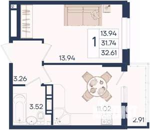 1-к квартира, вторичка, 33м2, 12/18 этаж
