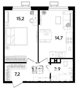 1-к квартира, строящийся дом, 41м2, 6/9 этаж