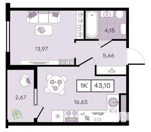 1-к квартира, вторичка, 43м2, 6/8 этаж