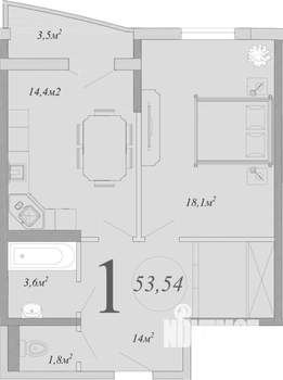 1-к квартира, вторичка, 54м2, 10/16 этаж