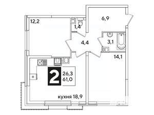2-к квартира, вторичка, 61м2, 5/16 этаж