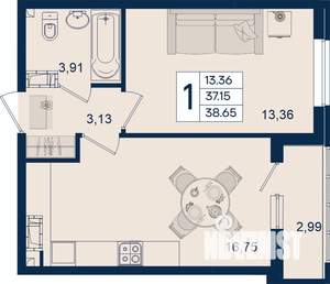1-к квартира, вторичка, 39м2, 14/18 этаж