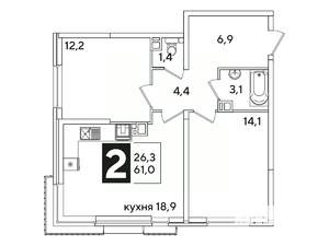 2-к квартира, вторичка, 61м2, 9/16 этаж