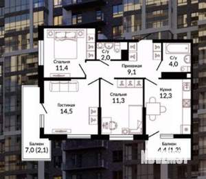 3-к квартира, вторичка, 70м2, 5/19 этаж