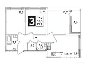 3-к квартира, вторичка, 73м2, 5/16 этаж