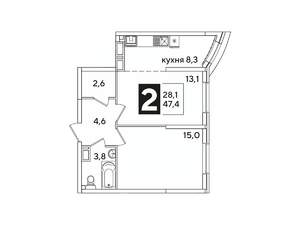 2-к квартира, вторичка, 47м2, 12/16 этаж