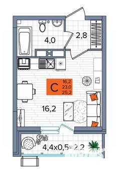 Студия квартира, сданный дом, 25м2, 14/16 этаж