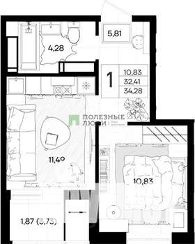 2-к квартира, вторичка, 34м2, 5/18 этаж