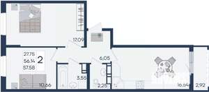 2-к квартира, вторичка, 58м2, 13/18 этаж