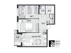 2-к квартира, строящийся дом, 70м2, 5/9 этаж