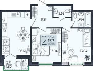 2-к квартира, вторичка, 59м2, 13/21 этаж