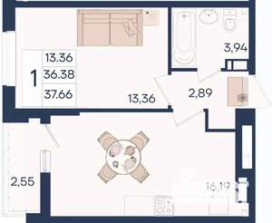 1-к квартира, вторичка, 38м2, 6/18 этаж