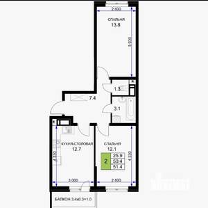 2-к квартира, вторичка, 54м2, 11/16 этаж