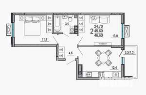 2-к квартира, вторичка, 47м2, 3/9 этаж