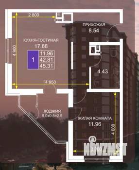 1-к квартира, вторичка, 45м2, 9/12 этаж