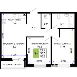 2-к квартира, строящийся дом, 57м2, 2/16 этаж