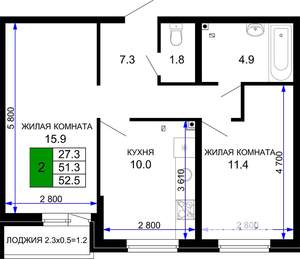 2-к квартира, строящийся дом, 53м2, 2/16 этаж