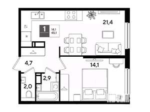 1-к квартира, вторичка, 45м2, 11/16 этаж