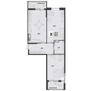 2-к квартира, строящийся дом, 64м2, 3/9 этаж