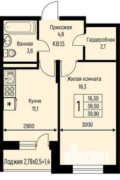 1-к квартира, строящийся дом, 40м2, 3/3 этаж