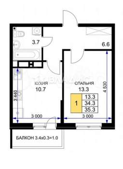 1-к квартира, вторичка, 36м2, 15/16 этаж