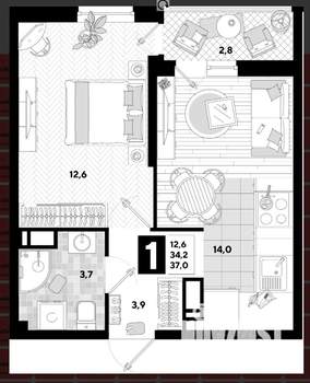 1-к квартира, сданный дом, 37м2, 10/16 этаж
