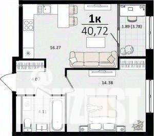 1-к квартира, вторичка, 41м2, 15/16 этаж