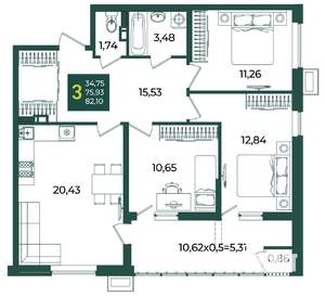 3-к квартира, вторичка, 82м2, 5/18 этаж