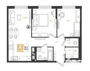 2-к квартира, строящийся дом, 59м2, 3/9 этаж
