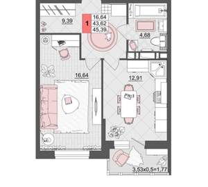 1-к квартира, вторичка, 42м2, 5/18 этаж