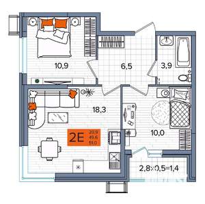 2-к квартира, сданный дом, 51м2, 2/16 этаж